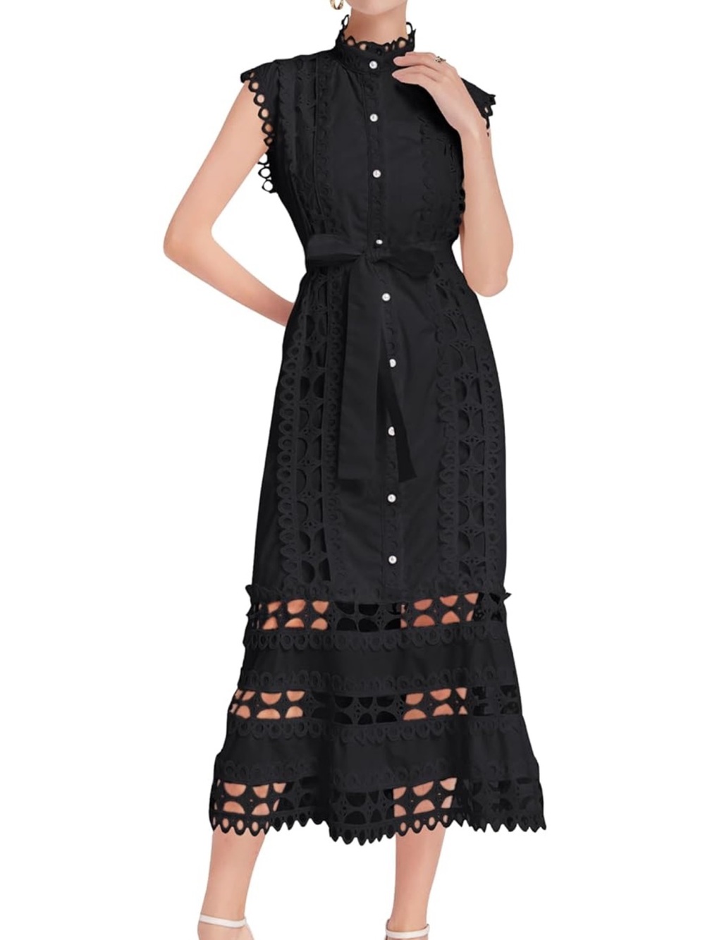 Black Lace-Trim Midi Shirt Dress with Waist Tie - Picture 1 of 14